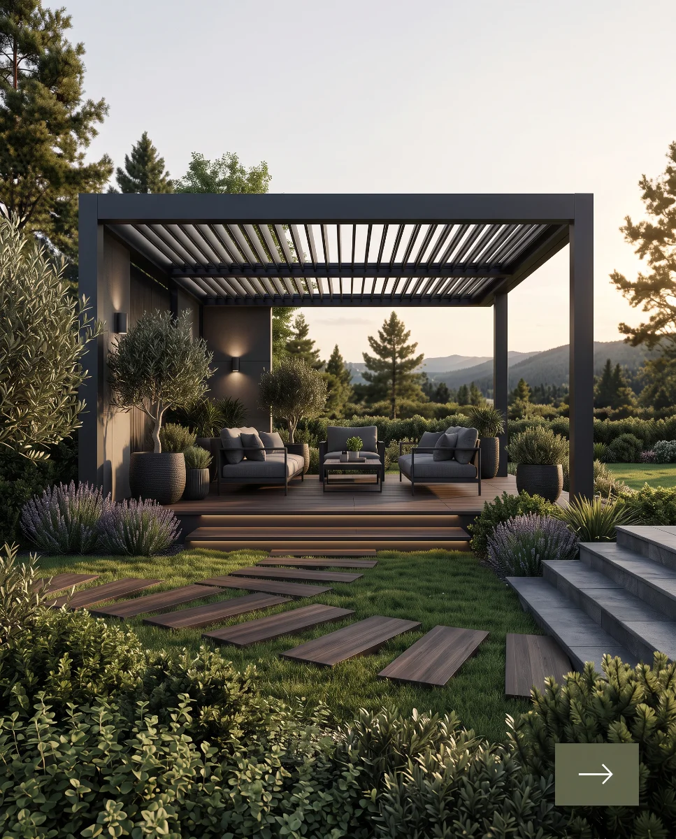 Pergola bioklimatyczna i carport przy nowoczesnym domu