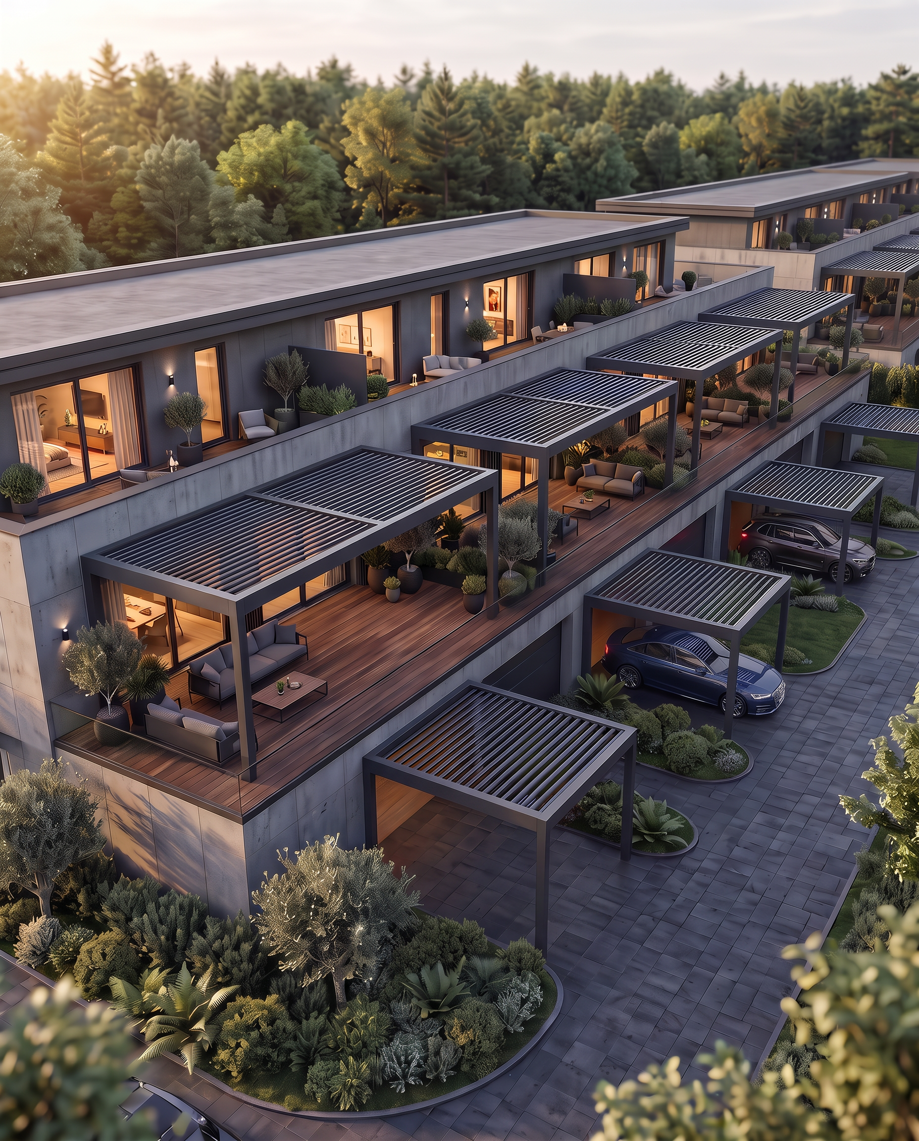 Rząd pergoli nad tarasami apartamentów, Kraków